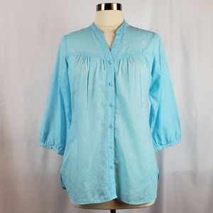 Exofficio Blue Sheer Floral v-neck 3/4" Blouse Size M 8